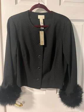 Chico's Black Perforated Jacket with Faux Fur Cuffs Size 2